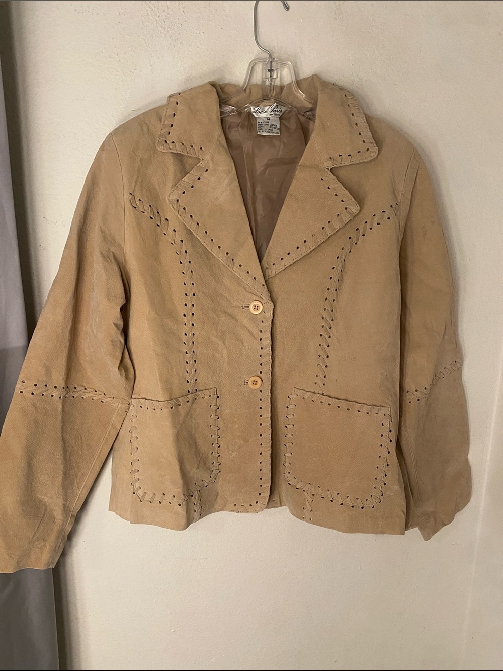 Women's Tan Suede Button-Front Jacket with Decorative Stitching.  Vintage